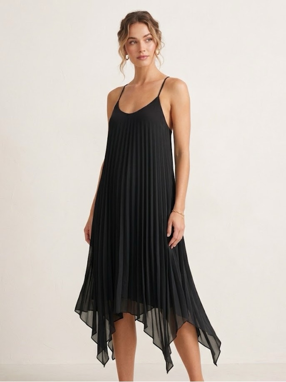 Women's Black Pleated Handkerchief-Hem Slip Dress L New